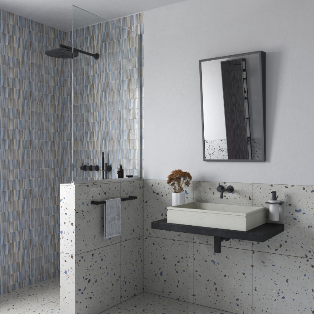 Product Lifestyle image of Origins Living Docklands 500mm x 800mm Black Inclusive Angled Mirror in a tiled wetroom DKL-00A058-BK